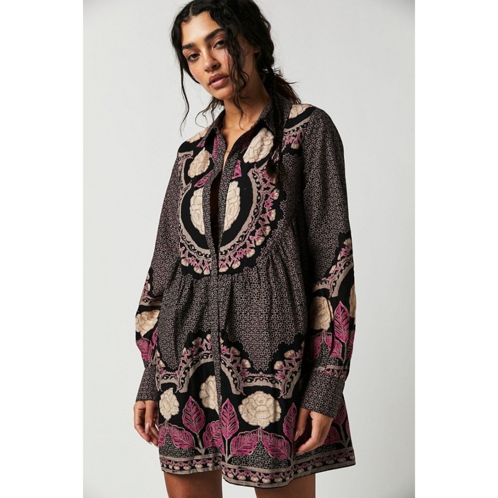 Free People Black Pink Smell the Roses Button Long Sleeve Mini Dress SMALL Boho
